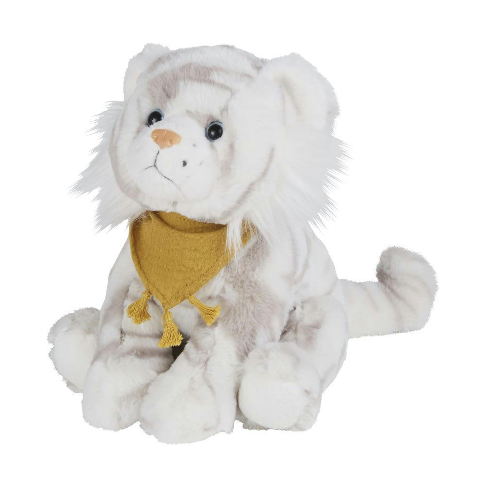 - Peluche tigre gris clair, jaune moutarde et bleue