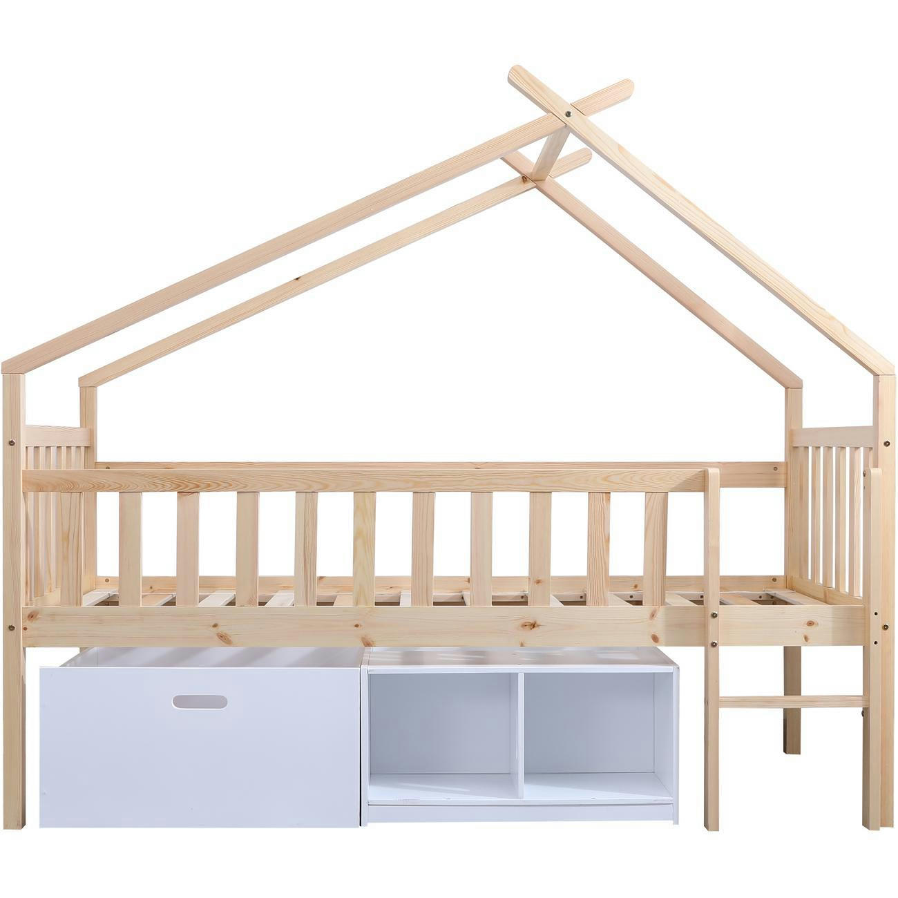 ELINA - Lit enfant cabane beige et blanc pin massif sommier 190x90cm