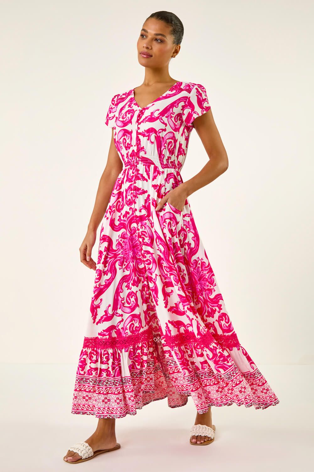 Roman Border Print Button Dress