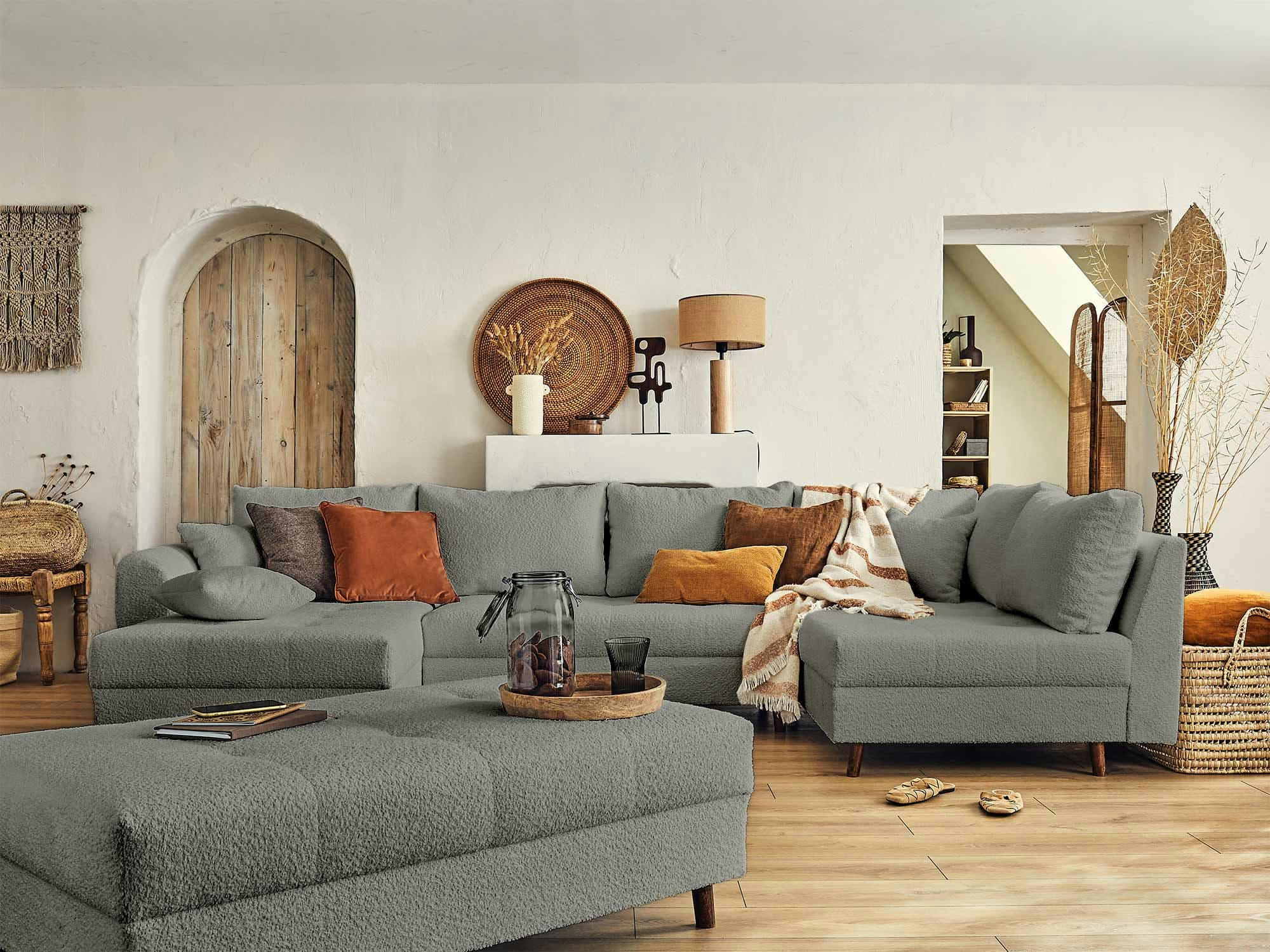 RUNE - Canapé d'angle droit convertible 7 places en tissu bouclette gris