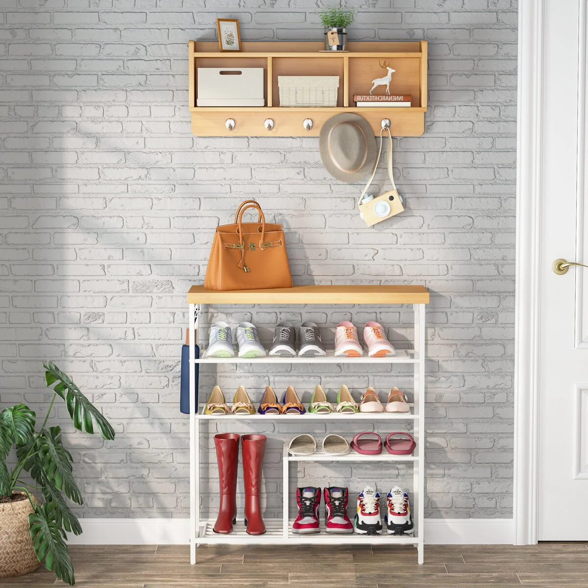 Tribesigns 4 Tier Shoe Storage Bench Organizer w/ Open Floating Shelves & Hooks