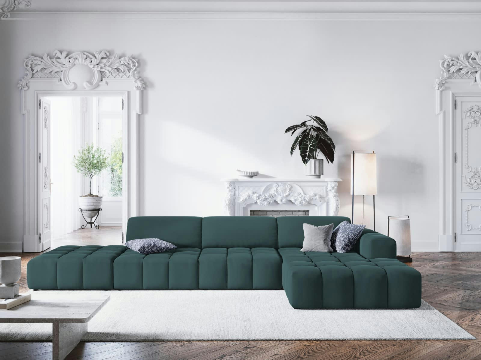 LUC - Canapé d'angle droit 5 places en tissu velours pétrole