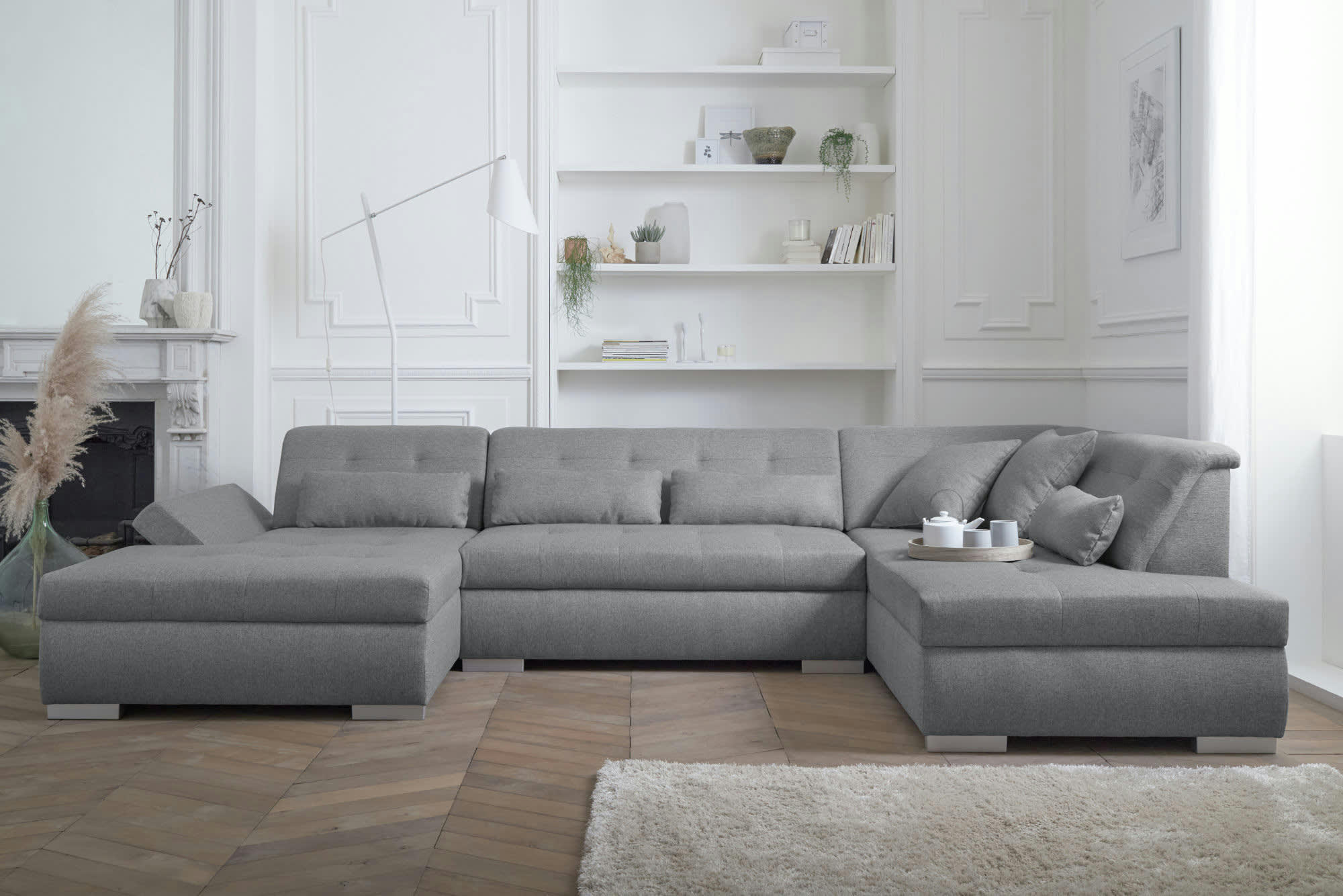 VERMONT - Canapé panoramique 7 places angle droit en tissu gris clair