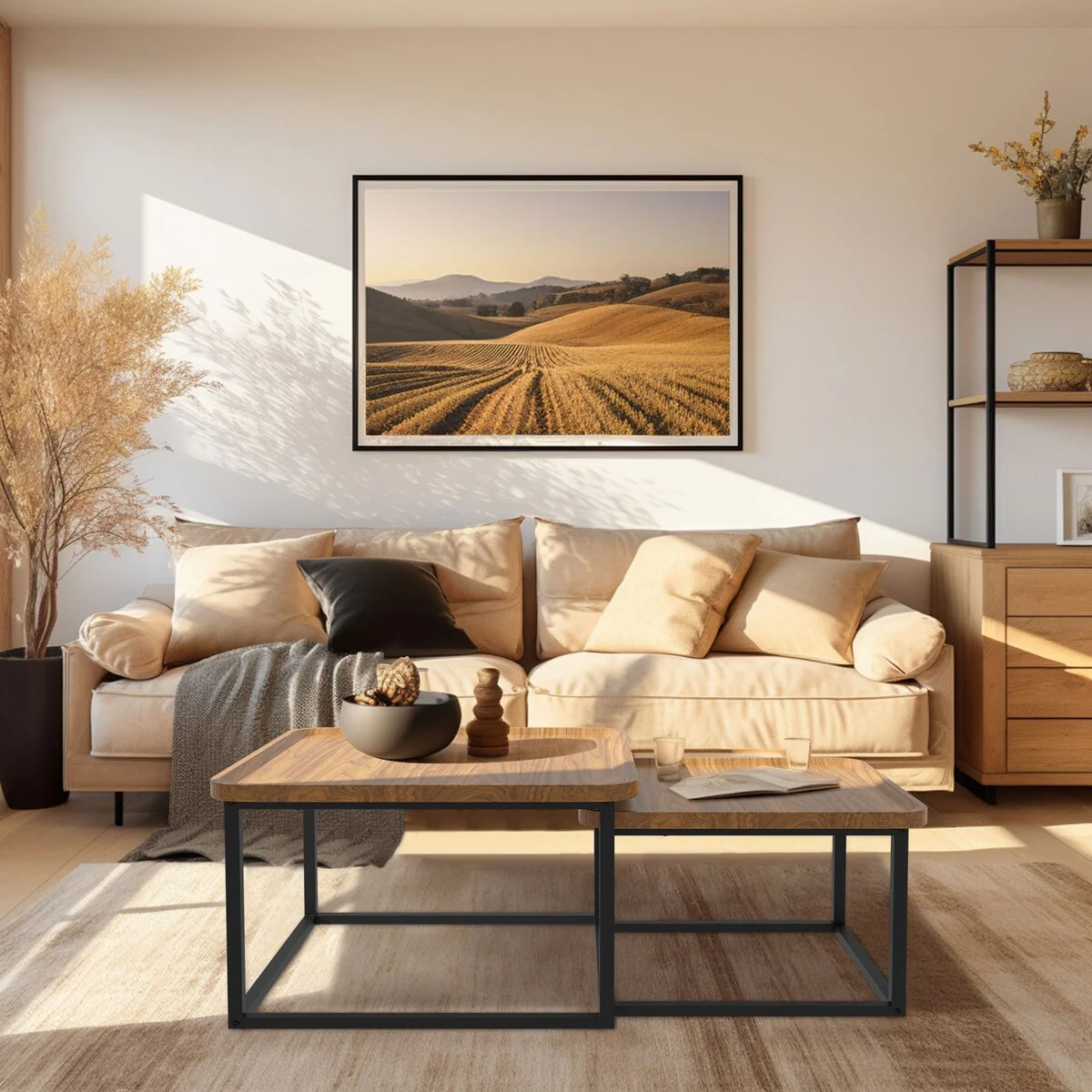 Square Nesting Coffee Table Set of 2 Wood Metal Stacking Side Table - 22x22x18