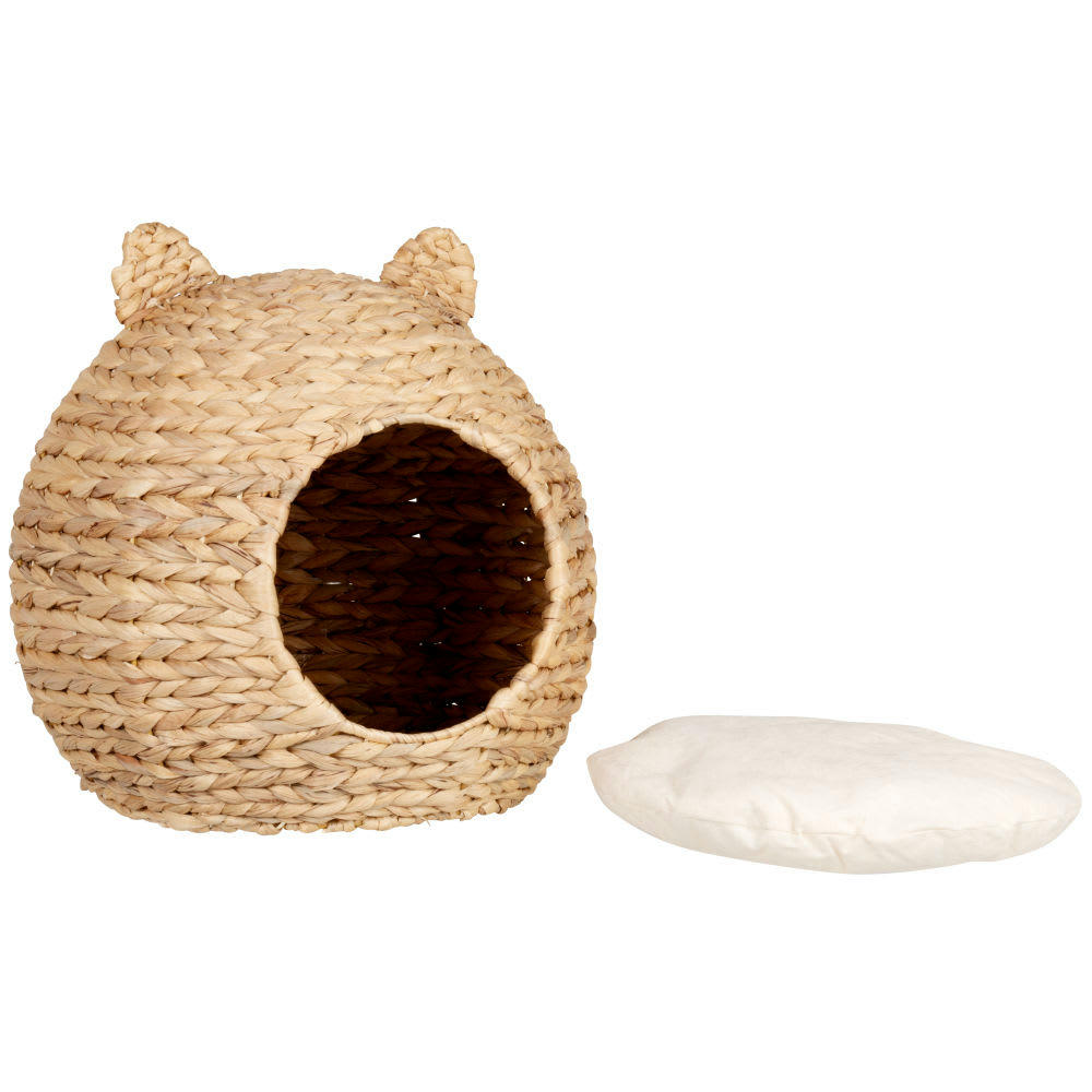 CHAT - Panier rond pour chat en fibre végétale beige et coton écru