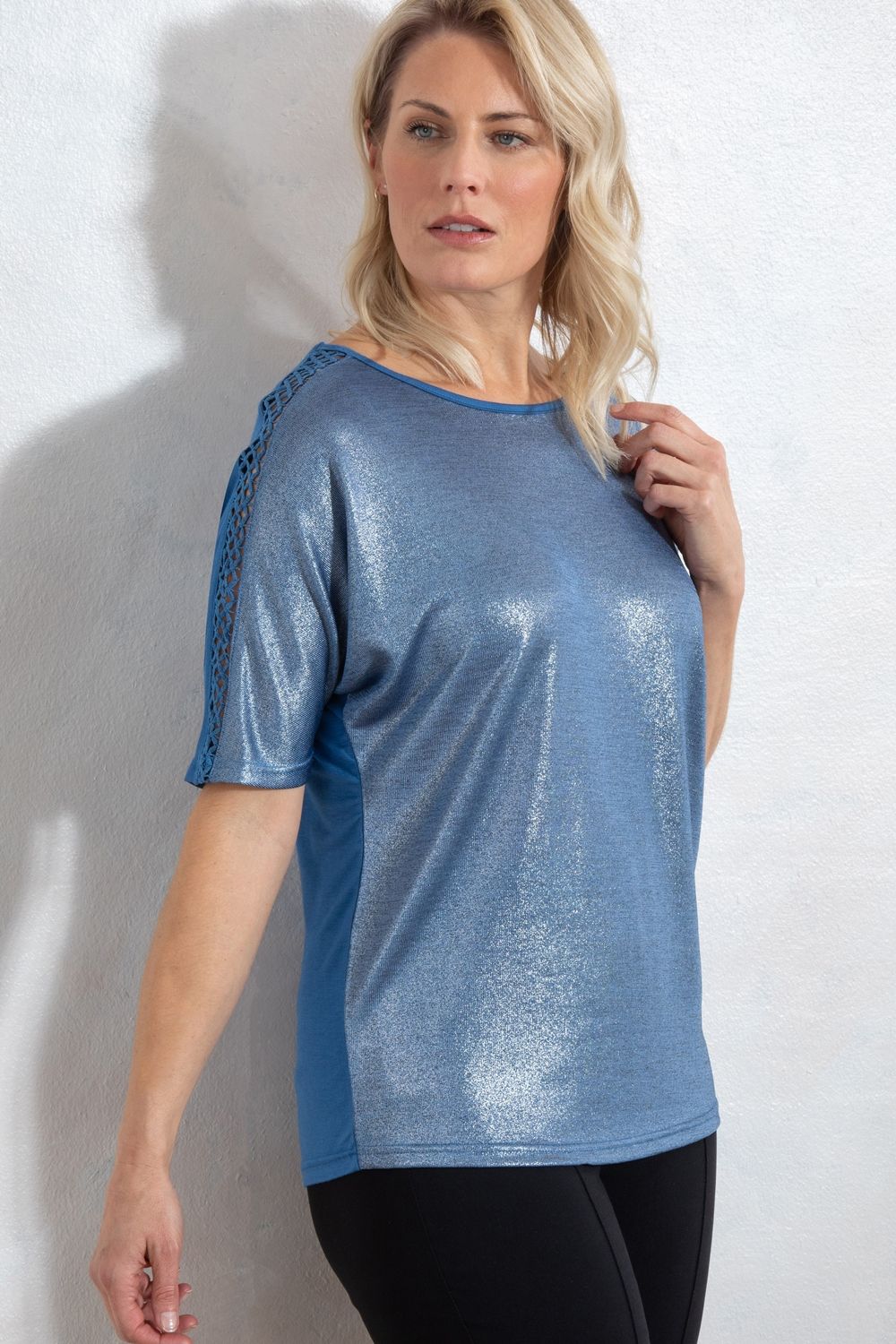 Klass. Short Sleeve Shimmer Knit And Jersey Top