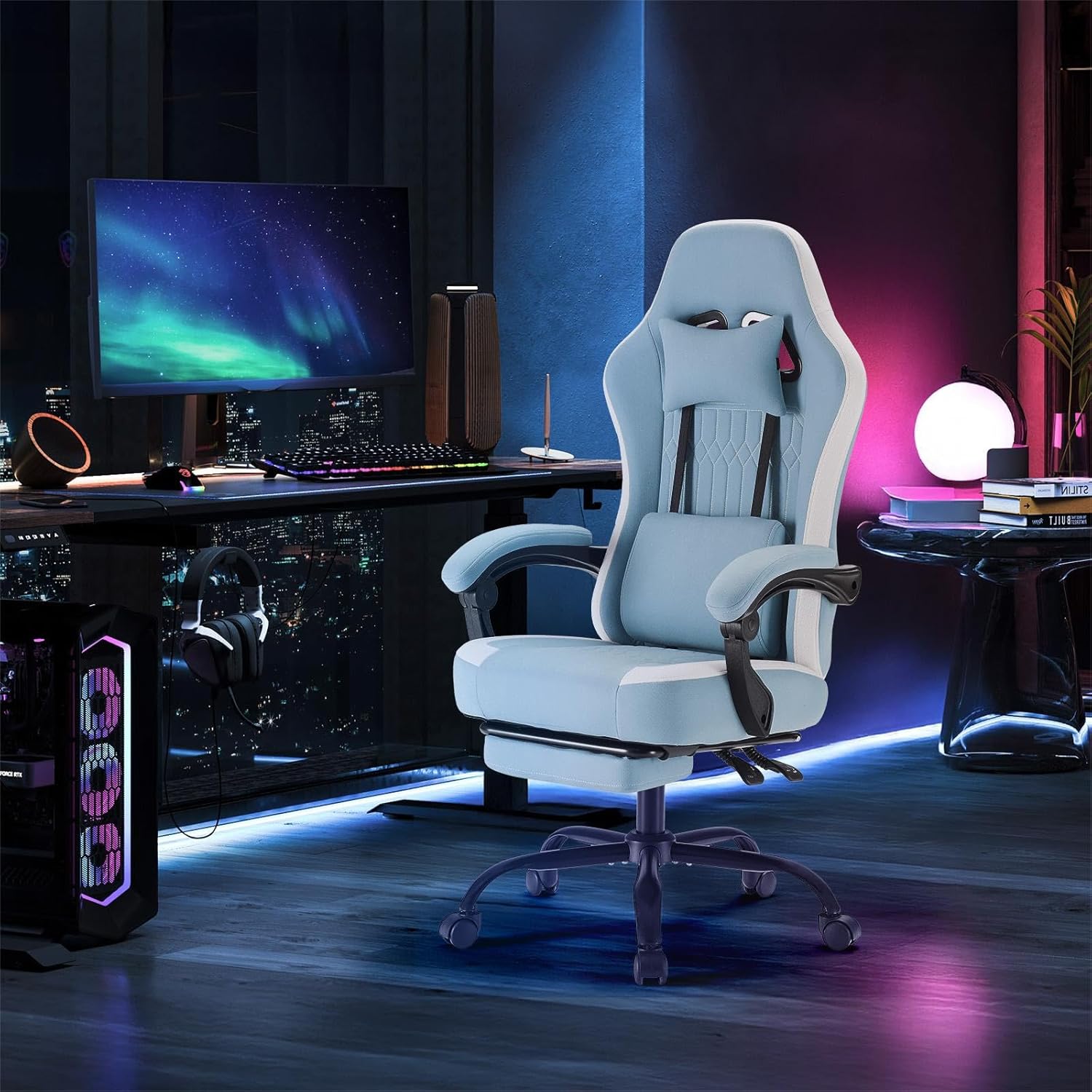 Sweetcrispy Video Game Chair - High Back Ergonomic Computer Desk Chair with Footrest & Lumbar Support, Height Adjustable Task Chair with Linkage Armrests and Headrest, 360° Swivel Wheels, Blue