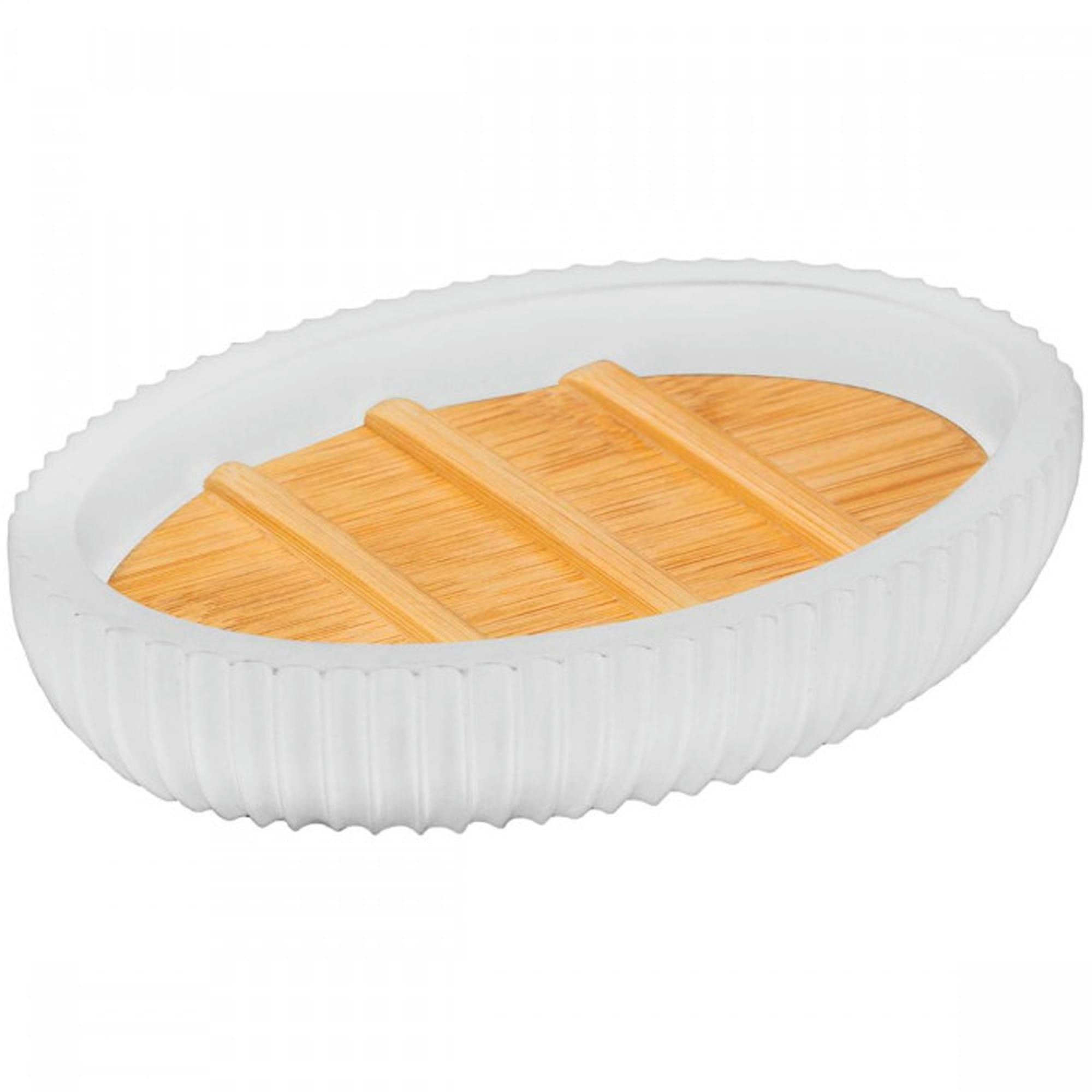 - Porte savon polyrésine blanc et bambou 12.5x9x2.5cm