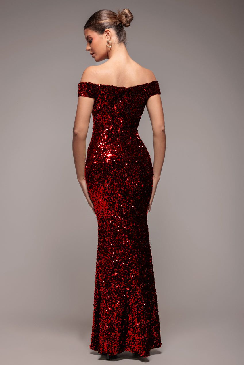 Goddiva Sequin Velvet Bardot Evening Maxi Dress