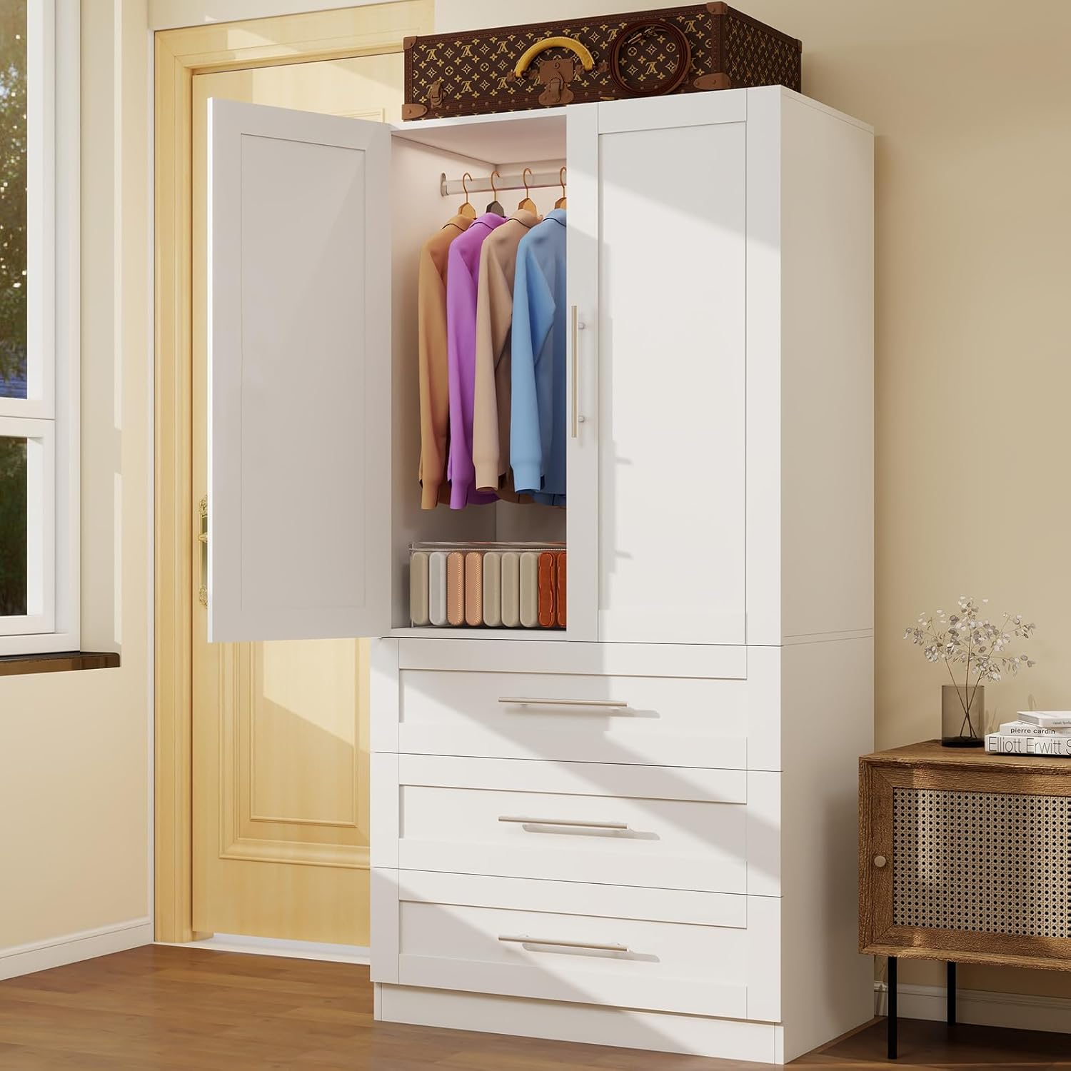 Armoire Wardrobe Closet with 3 Deep Drawers and Doors 71 Clothing Storage Cabinet with Hanging Rod Wooden Wardrobe Cabinet for Bedroom, Large Capacity Storage White