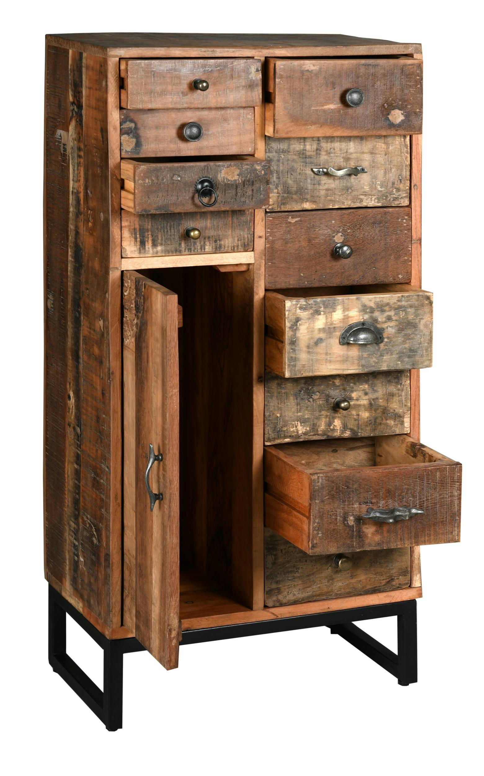 - Commode haute en bois recyclé et métal