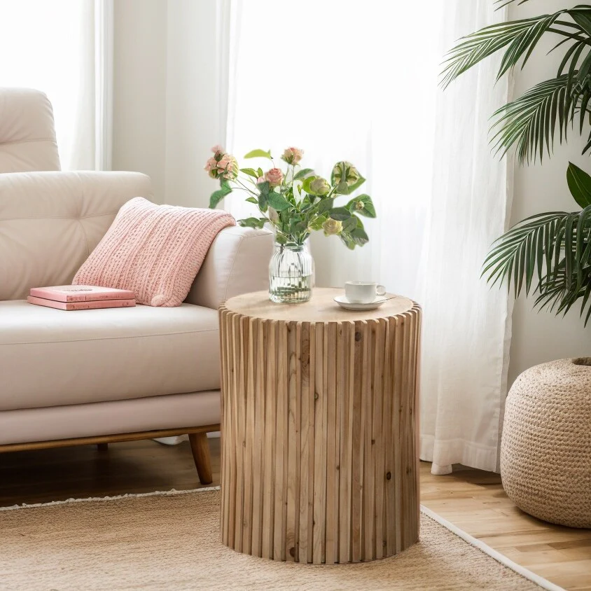 Retro Fashion Style Cylindrical Coffee Table with Vertical Texture Relief Design for Living Room, Office and Dining Room