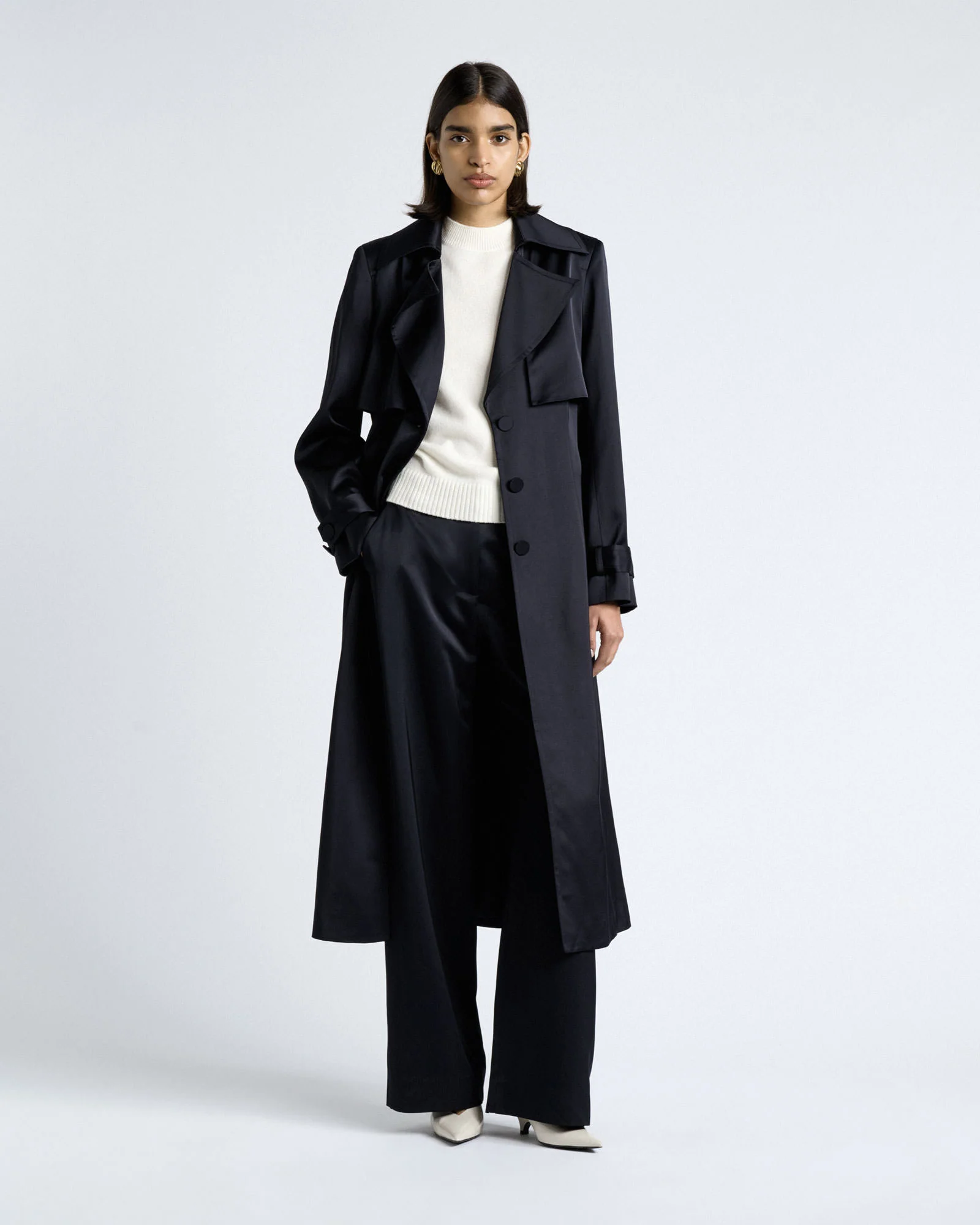 Dark Ink Matte Satin Viscose Trench