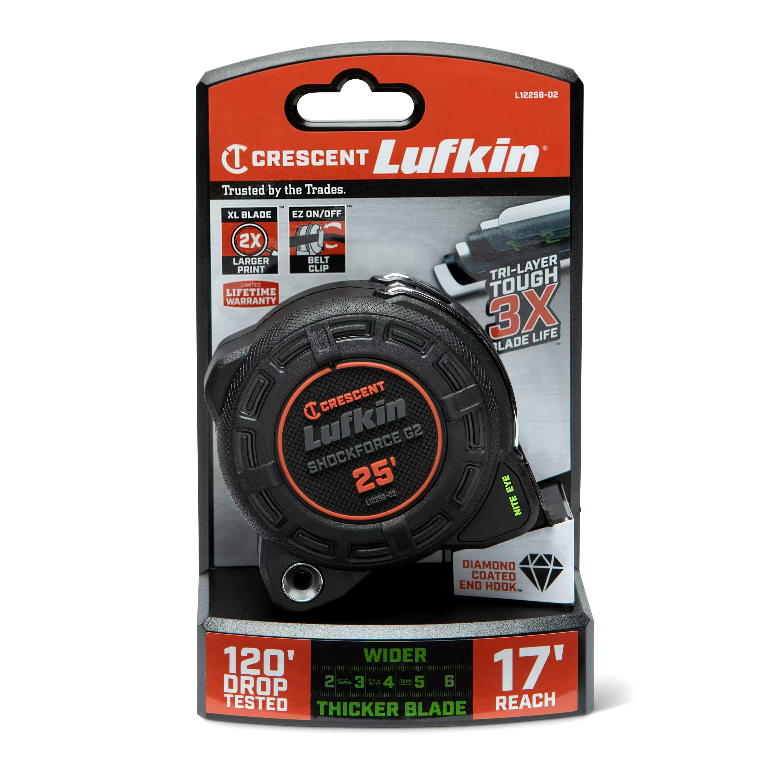 Lufkin Shockforce G2 Nite Eye Tape Measure, 25-ft