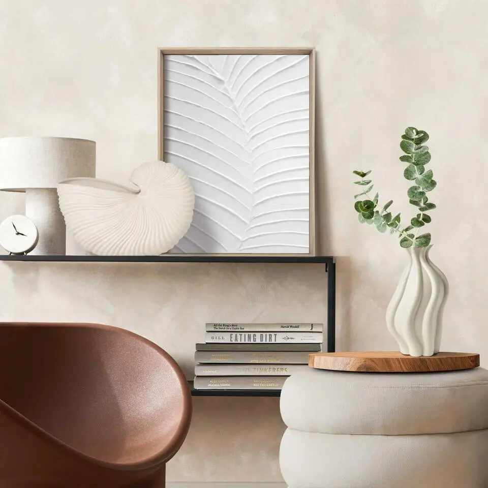 Schilderij met reli?f �?walnootkleur Bladnerven - 40 x 30 - Wit