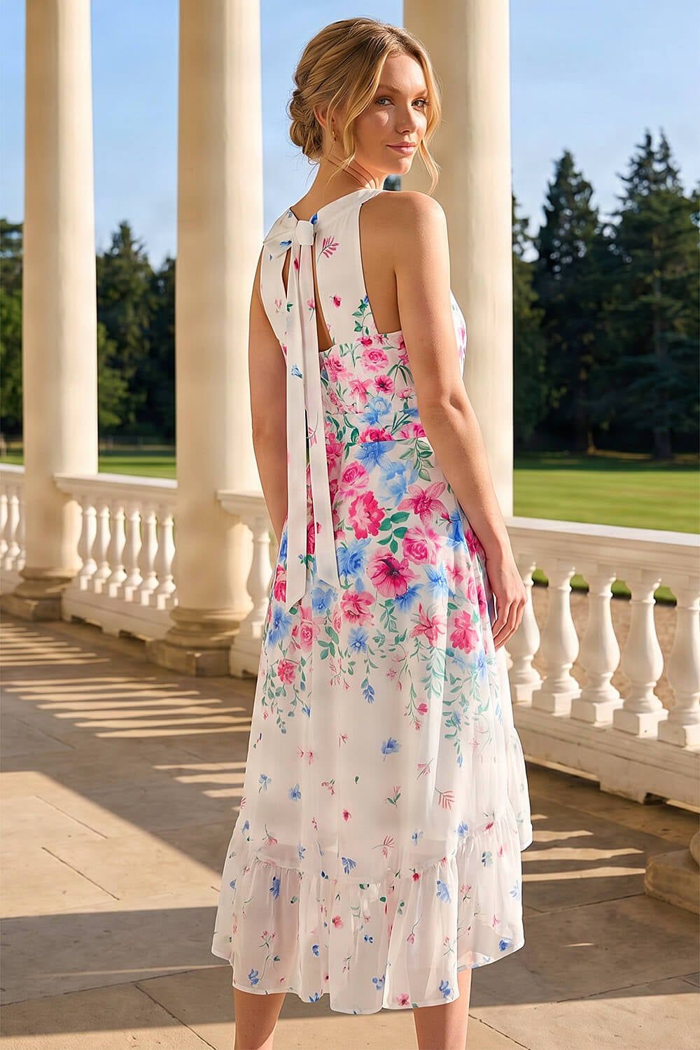 Roman Floral Print High Low Midi Dress