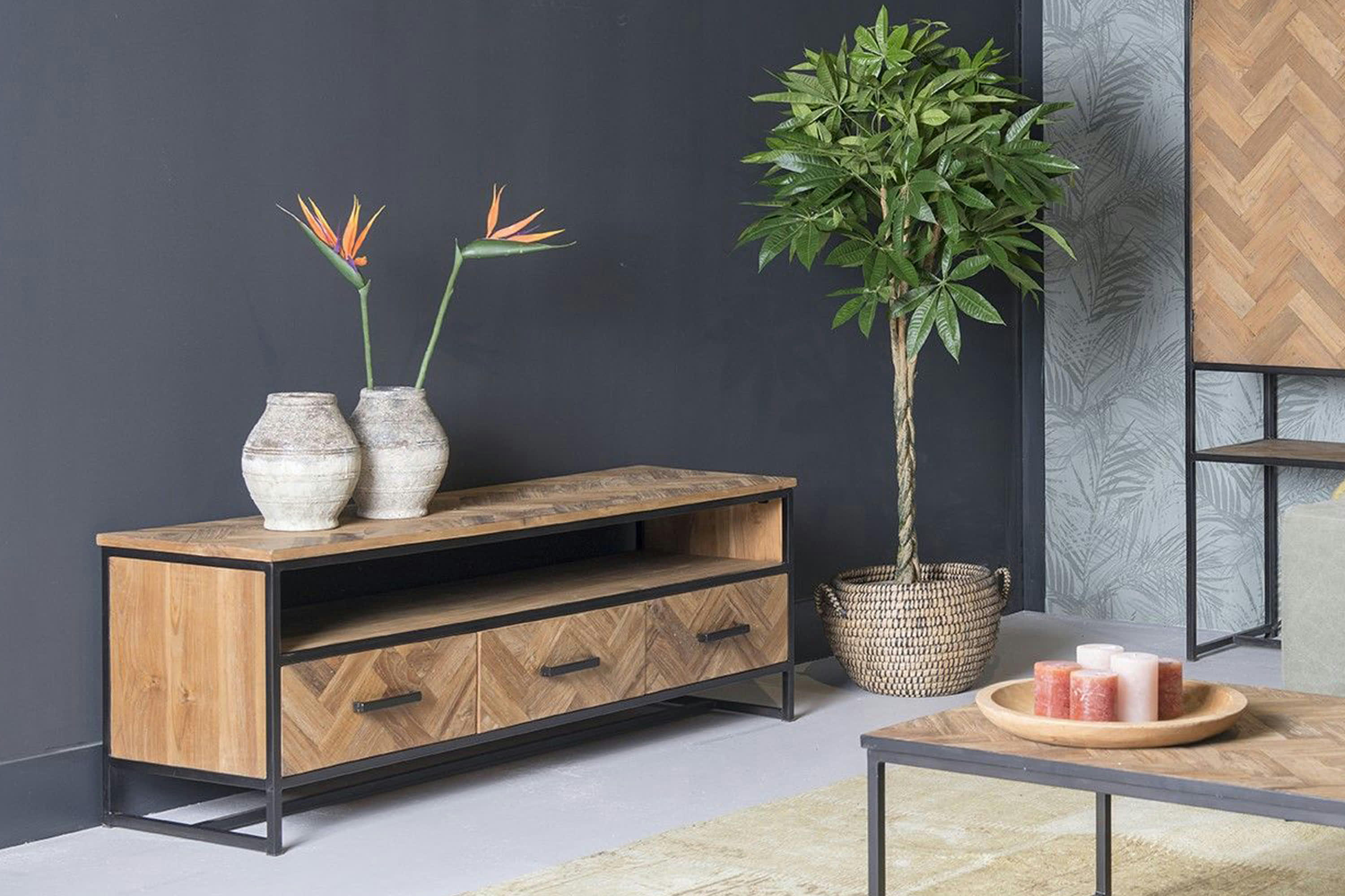 BIARRITZ - BIARRITZ-Meuble TV 3T L.150 cm, Teck massif et métal noir