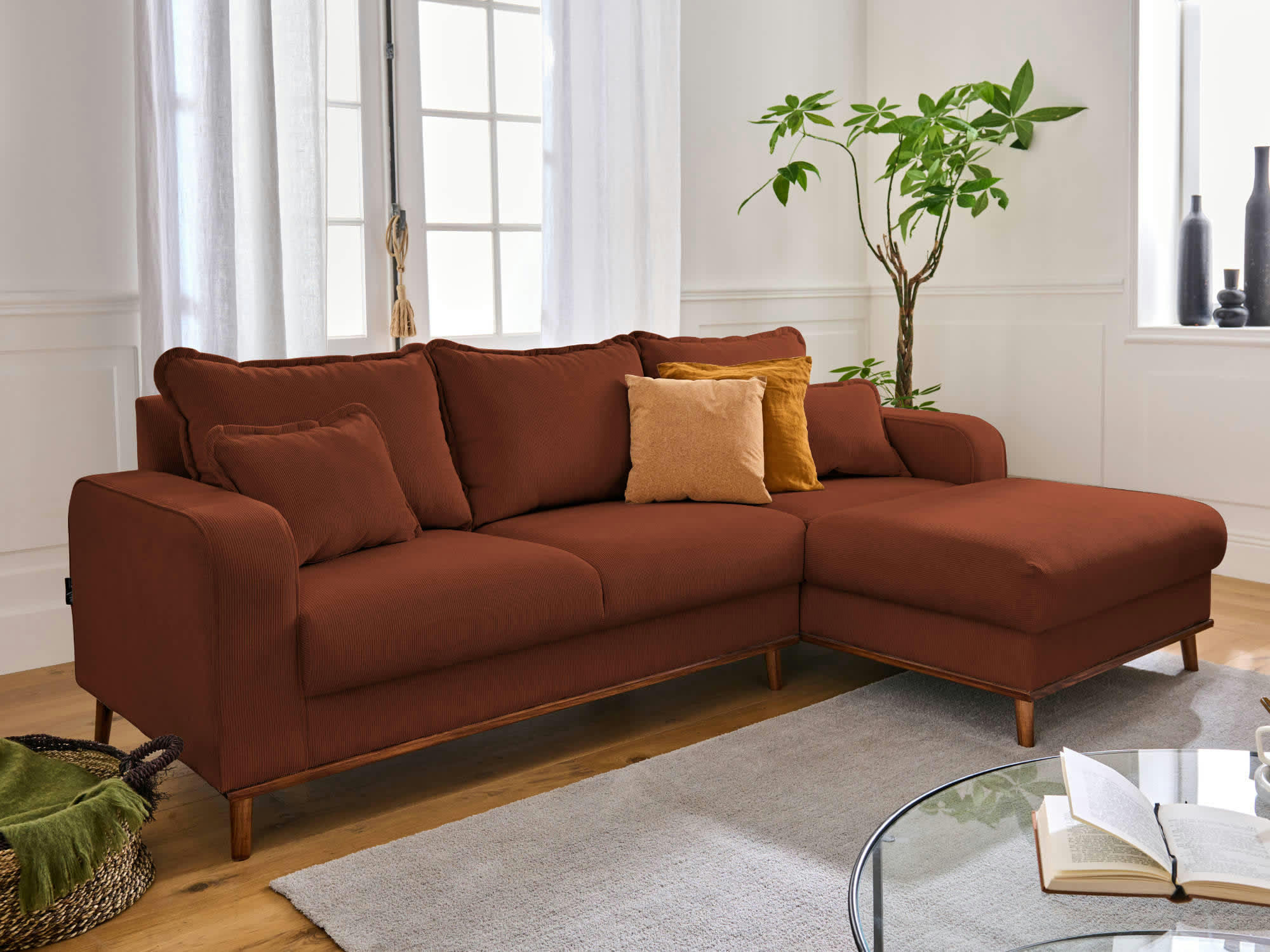 BILLIE - Canapé d'angle droit 4 places en velours côtelé rouille