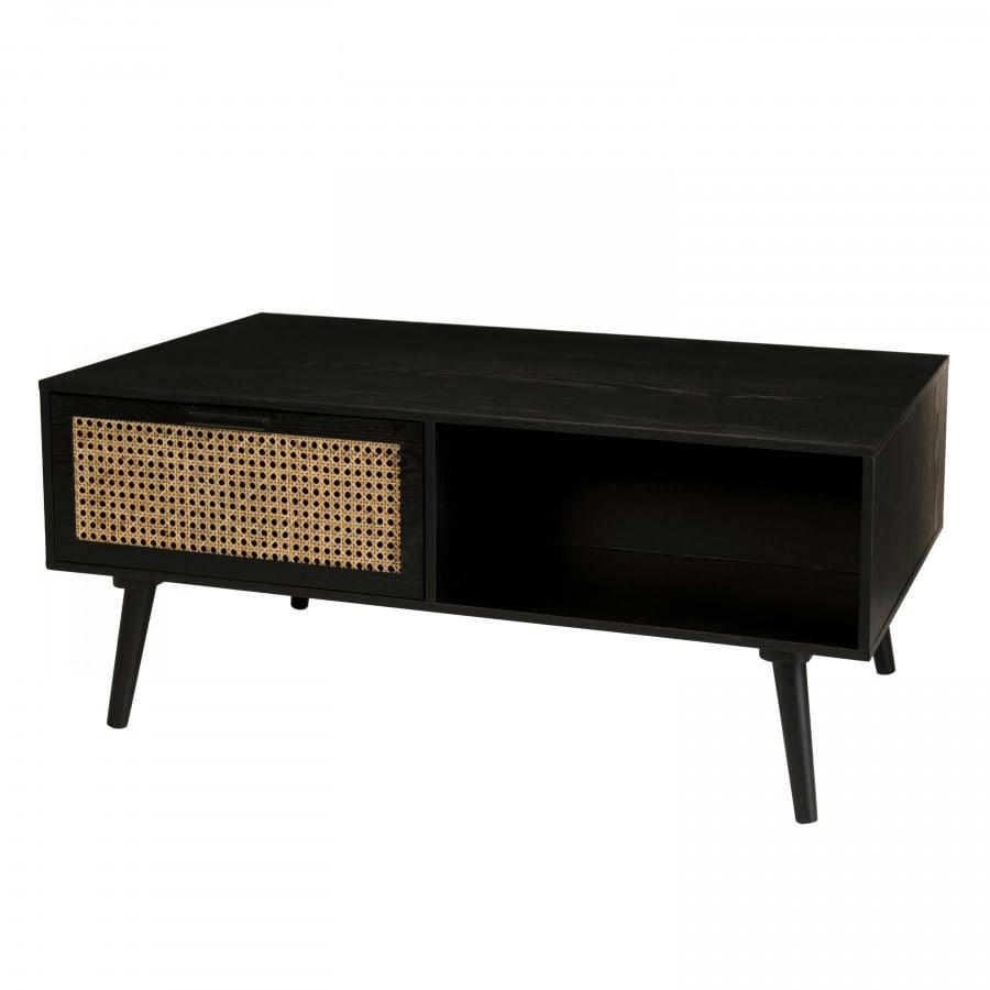 EMILIO - Table basse 1 niche 2 tiroirs en pin cannage couleur noire L100