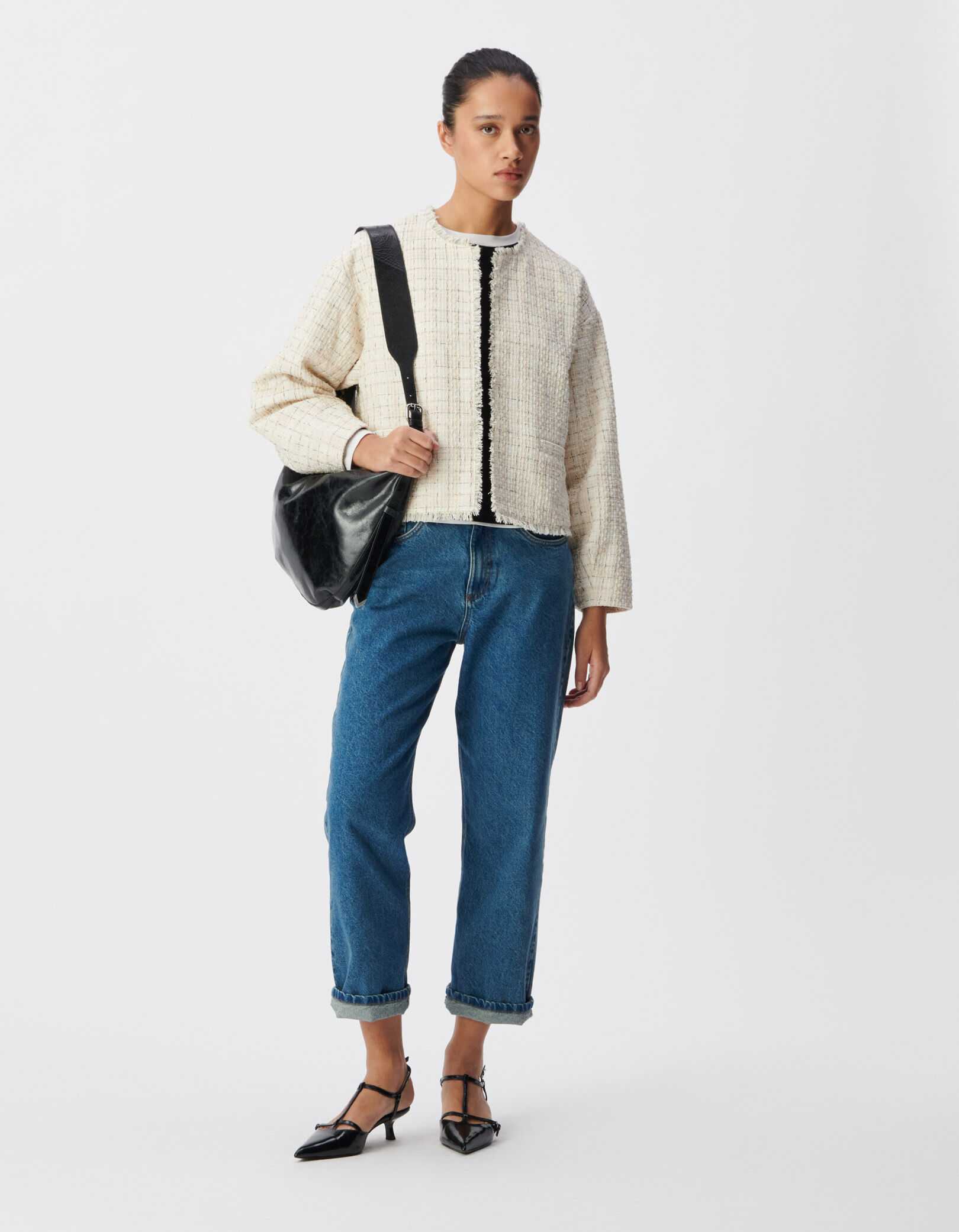 Veste courte oversize rose façon tweed Femme