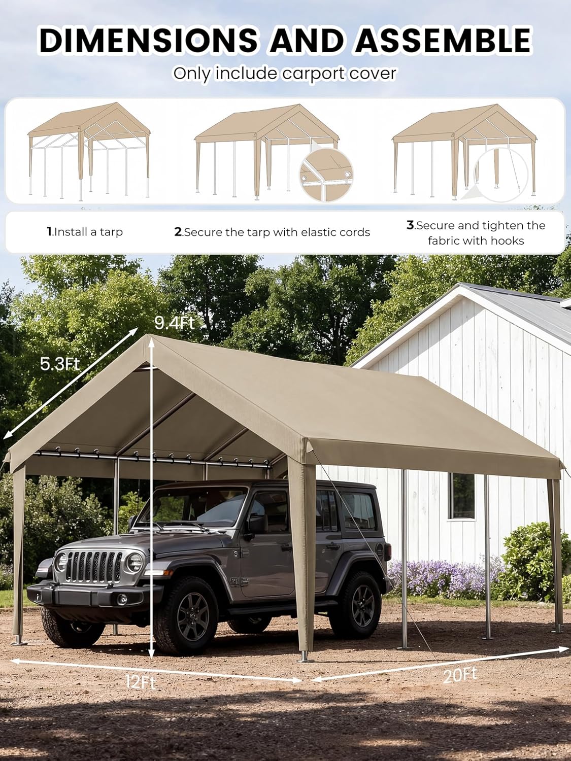 12 x 20 Ft Carport Replacement Cover, Heavy Duty Outdoor Car Tarp Canopy, Waterproof & UV Protected Tear Oxford Tarp with Ball Bungees (Frame is Not Included)