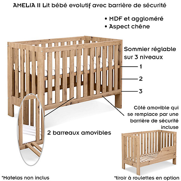 AMELIA II Lit bébé évolutif avec barrière de sécurité Chêne avec tiroir
