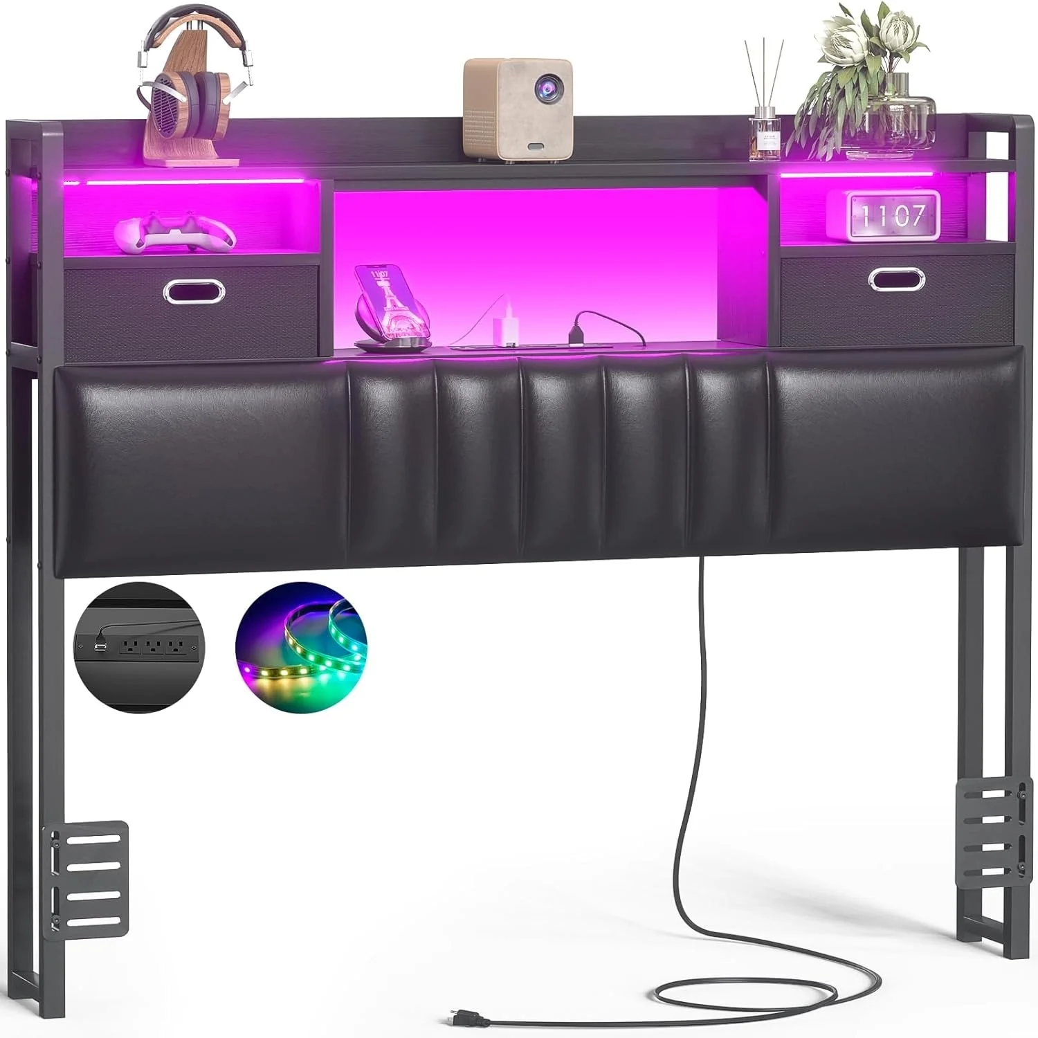 Upholstered Headboard with Drawer Storage and RGB LED Light, Sturdy Headboard with Charging Station ＆ Bookcase