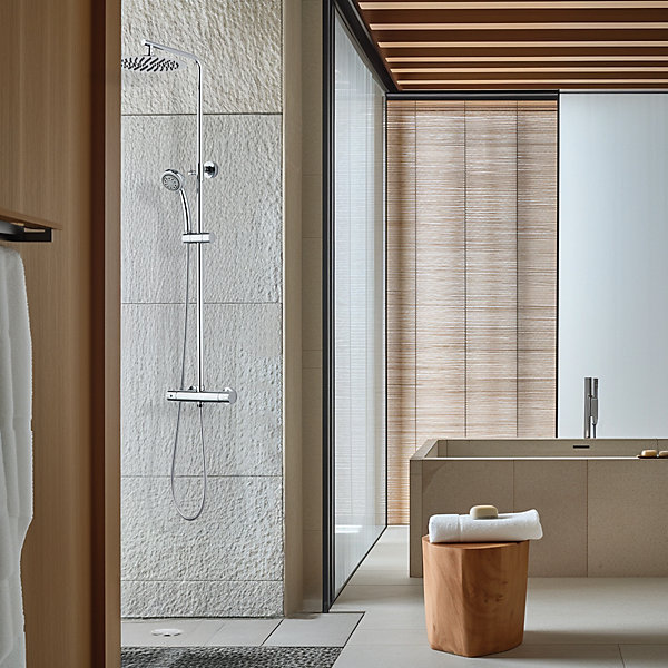 Colonne de douche thermostatique avec pomme de tête, douchette et flexible, chrome, Valentin Essentialis