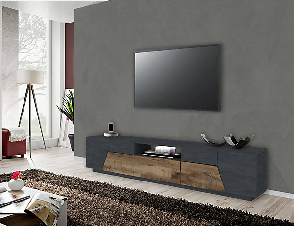 Meuble TV Animai, Buffet bas de salon, Base pour meuble TV, 100% Made in Italy, 220x43h46 cm, Ardoise et érable