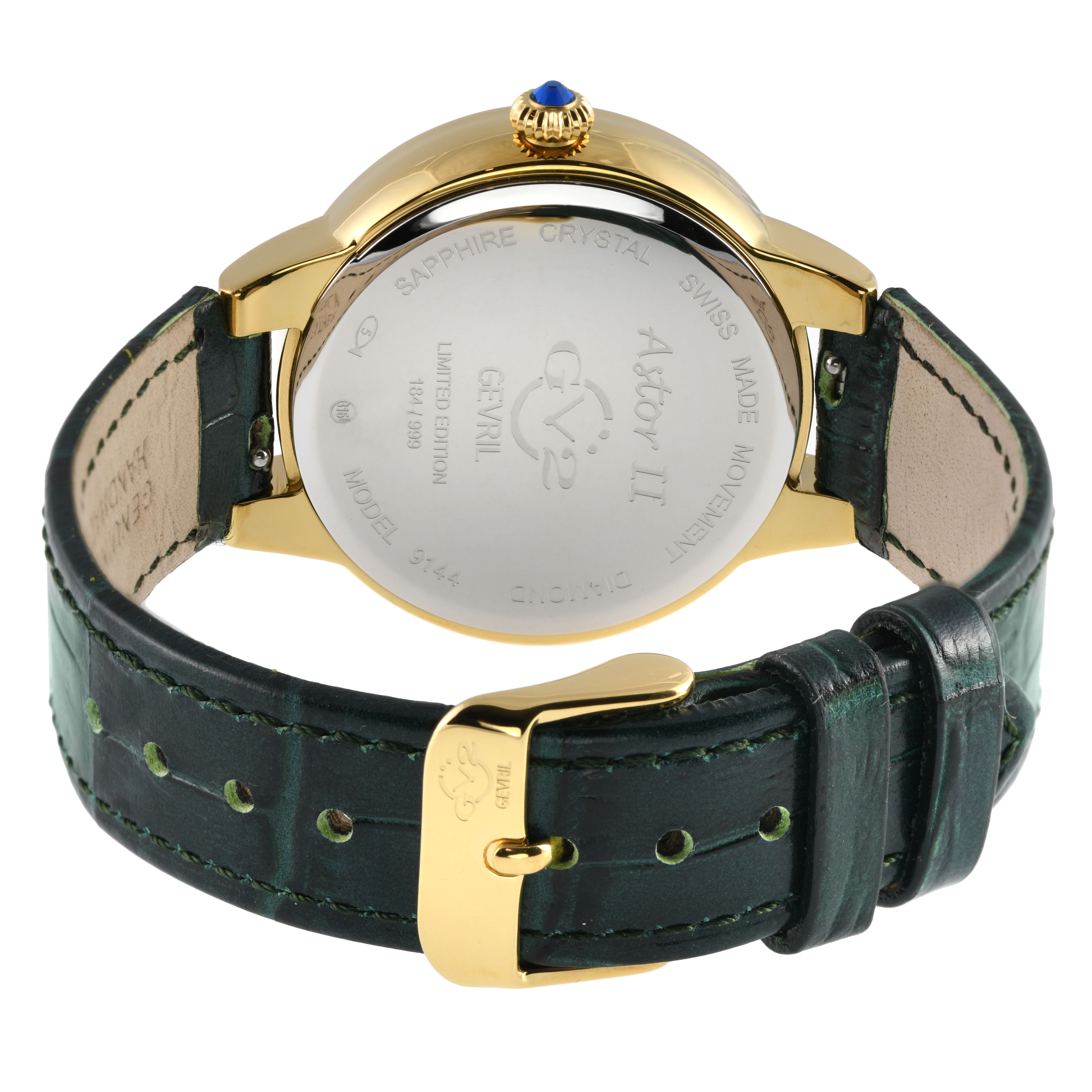 GV2 Astor II, Swiss Quartz Watch, MOP Green Dial, Hand made Italian leather, and Sapphire Crystal