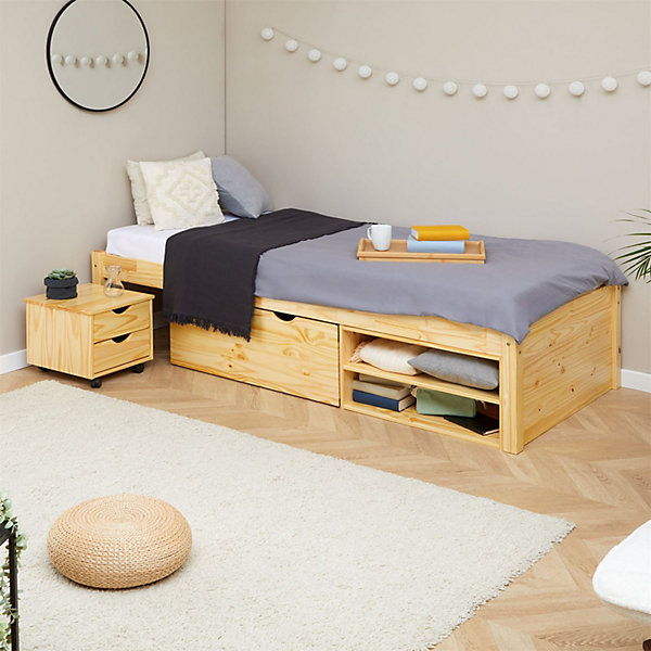 Lit fonctionnel SABRINA 90x190 cm, en pin massif naturel