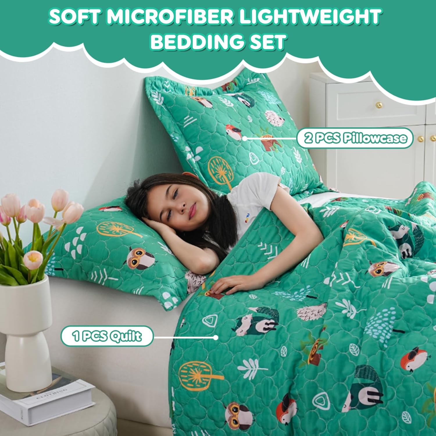 Green Forest Animals Quilt Set for Boys Queen Size Kids Bedding Sets Lightweight Summer Bedspread Soft Microfiber Breathable Bed Comforter All-Season