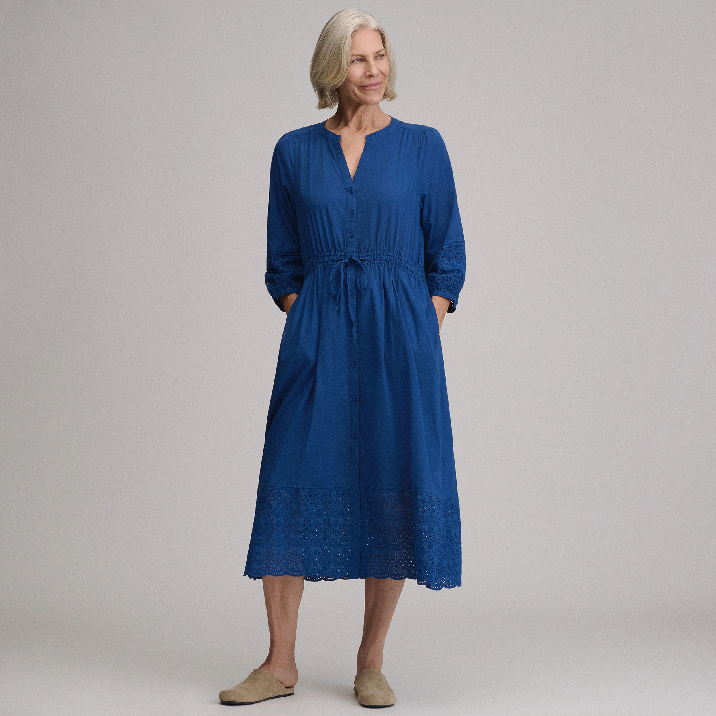 Women's 3/4 Sleeve Eyelet Button Front Belted Dress