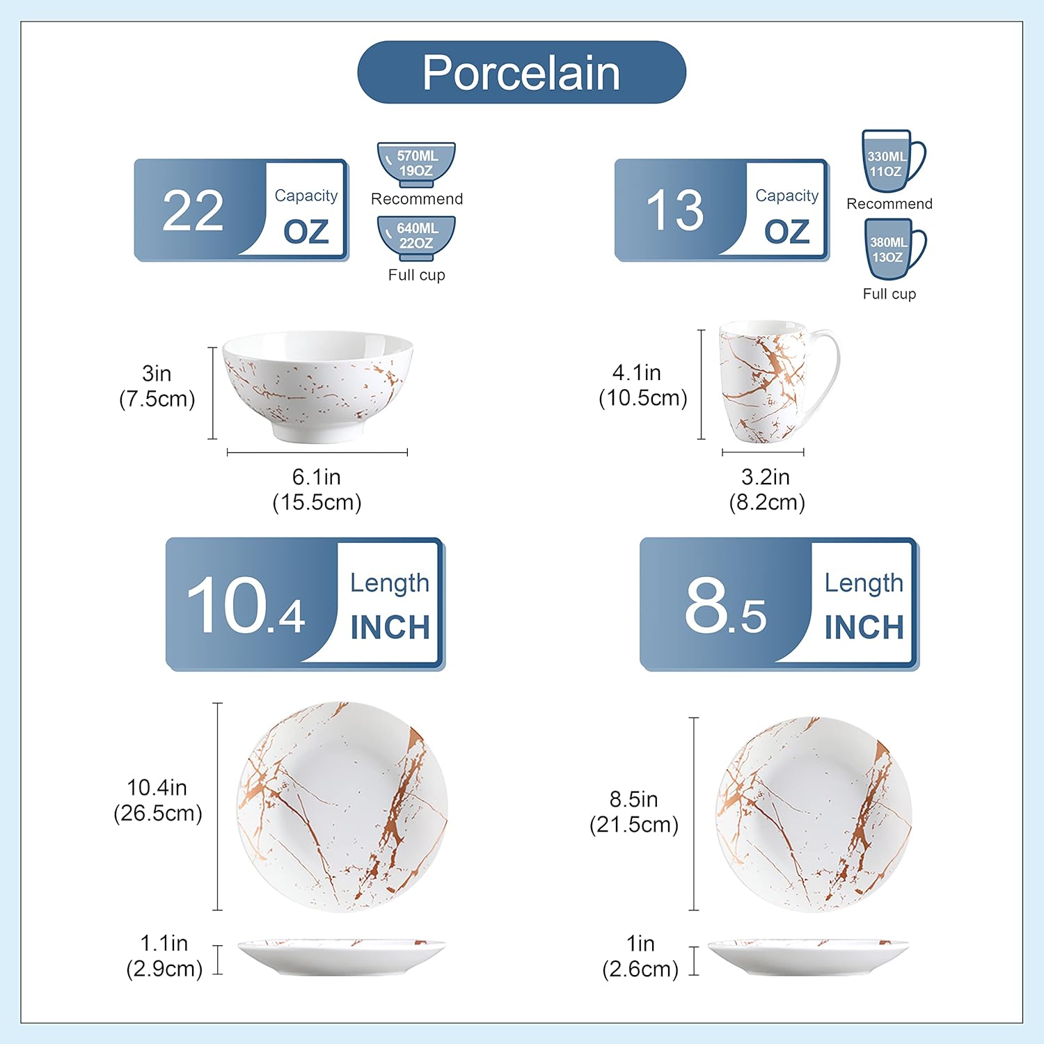 LOVECASA White Dinnerware Sets for 4, 16 Piece Porcelain Dish Set Plates and Bowls Sets, Gold Splash Glaze Ceramic Dinner Set with Mugs, Dishwasher Microwave Safe