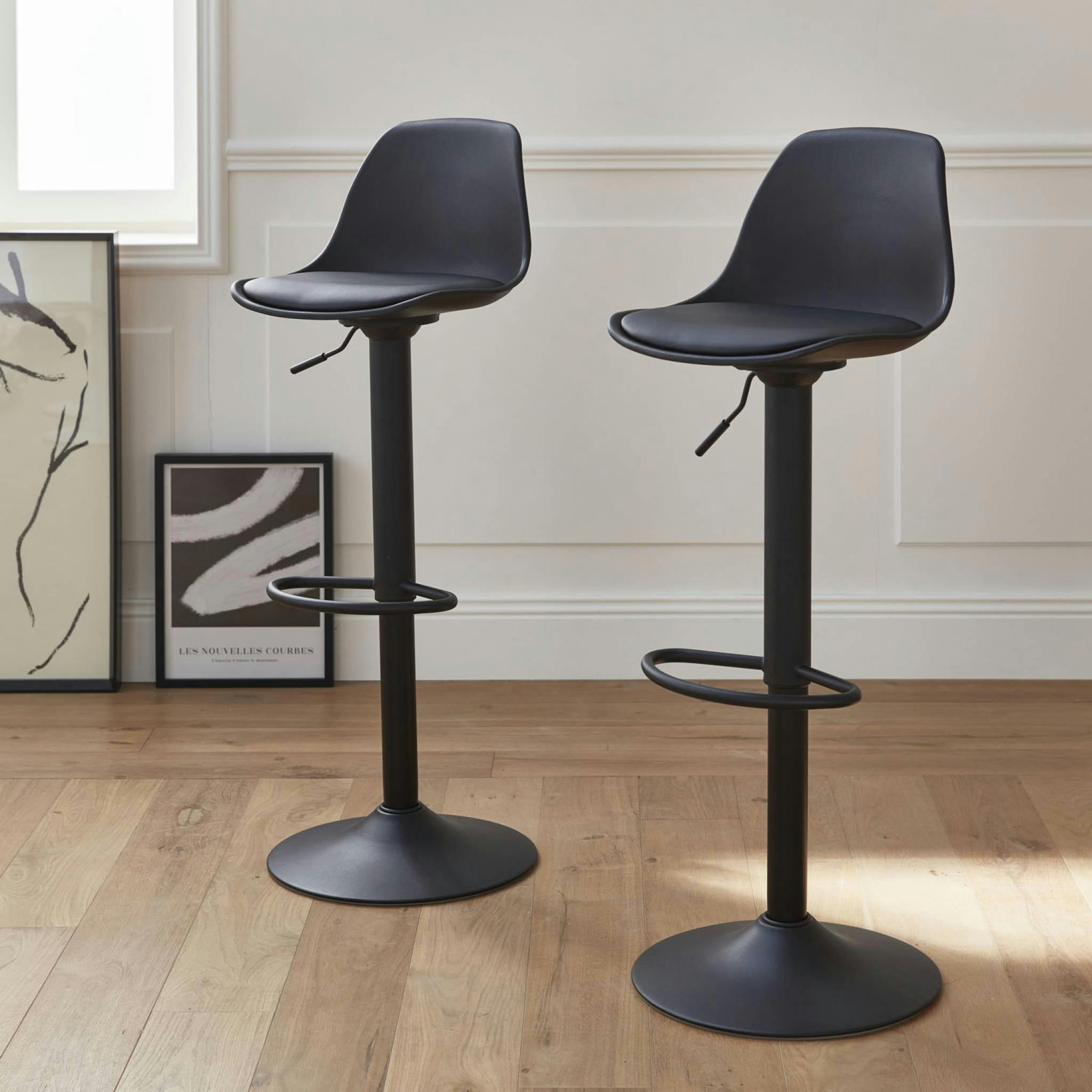 NOAH - Lot de 2 tabourets de bar réglables, simili cuir noir