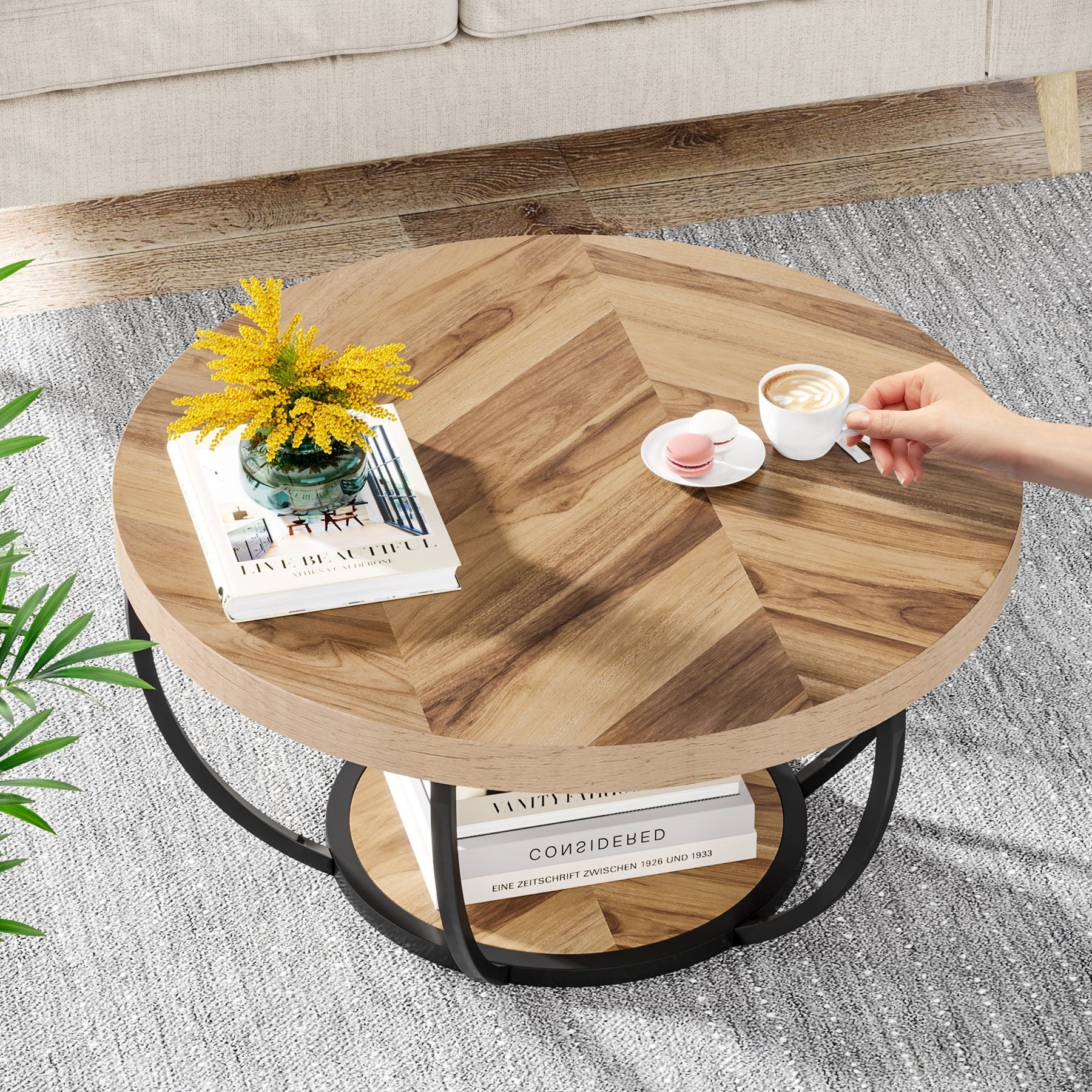 31.7 Round Coffee Table, Modern 2-Tier Center Table Sofa Side Table