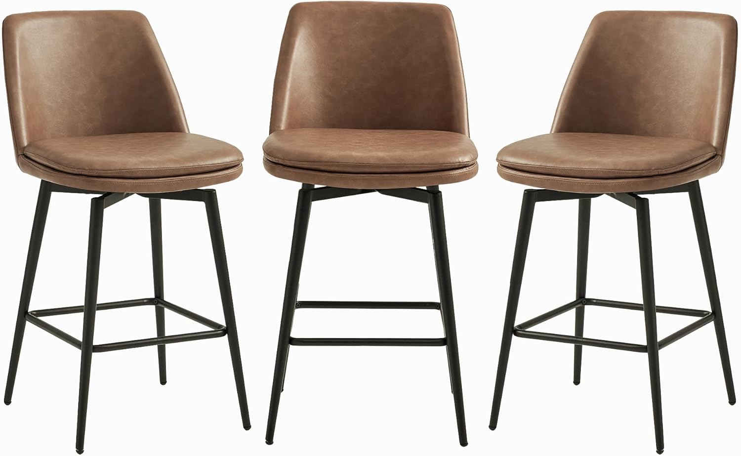 CHITA Swivel Bar Stools, 27.2 Counter Height Bar Stools Set of 3, FSC Certified Upholstered Modern Counter Stools, Metal Legs, Faux Leather, Saddle Brown