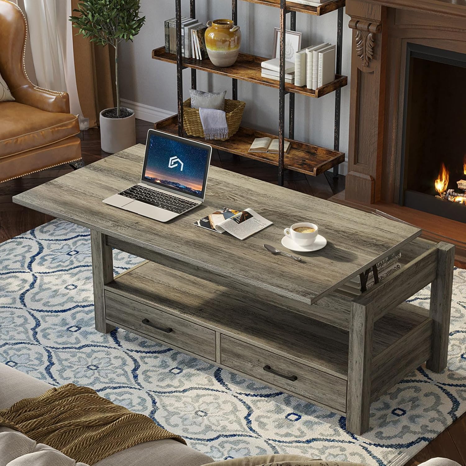 Rolanstar Coffee Table, 47.2 Lift Top Coffee Table with Drawers and Hidden Compartment, Retro Central Table with Wooden Lift Tabletop, for Living Room, Washed Oak