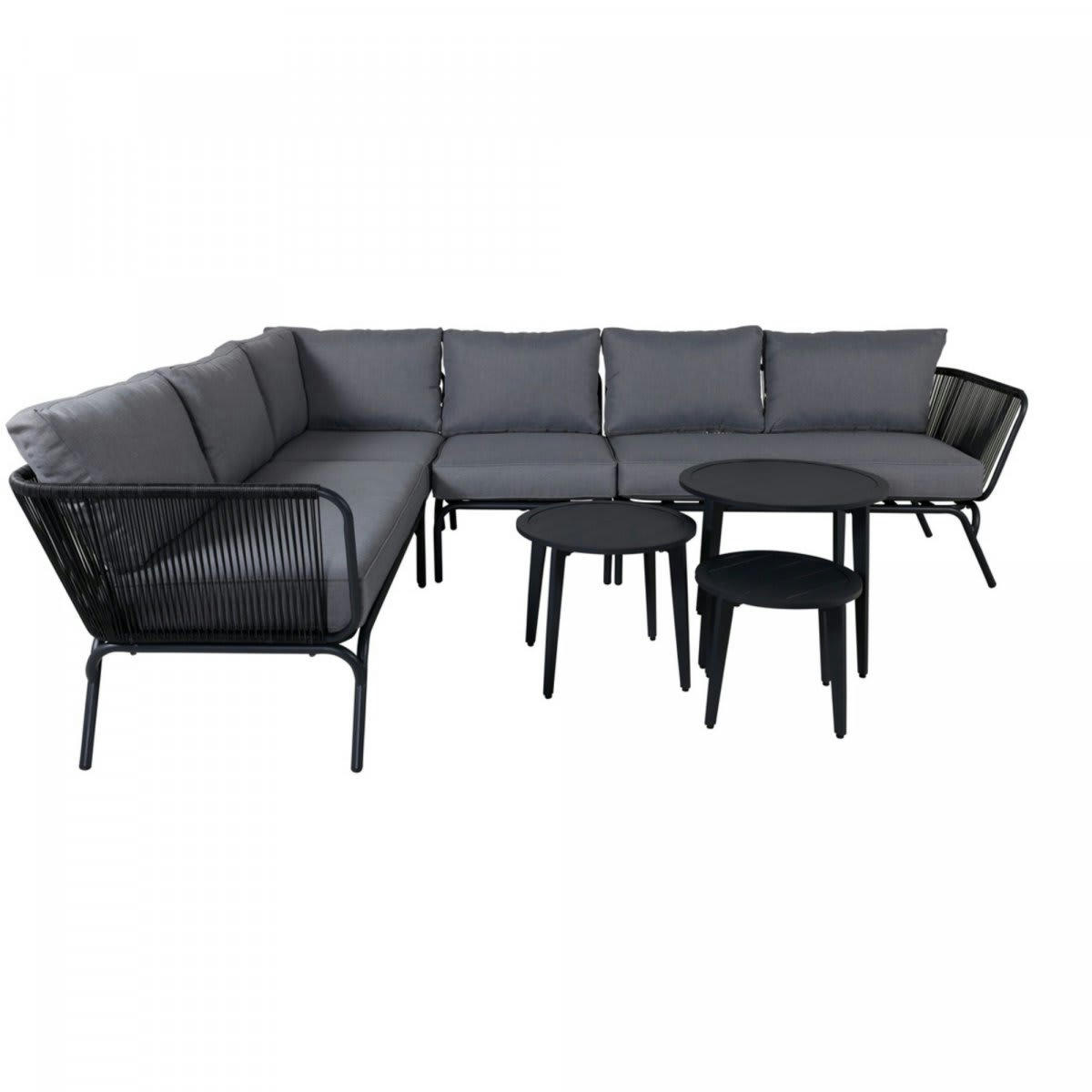 MEZZANO - Salon de jardin grand canapé d'angle + 3 tables basses noir