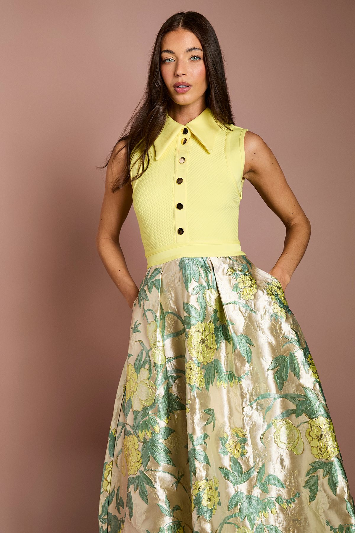 Coast Bandage Bodice Jacquard Skirt Midi Shirt Dress