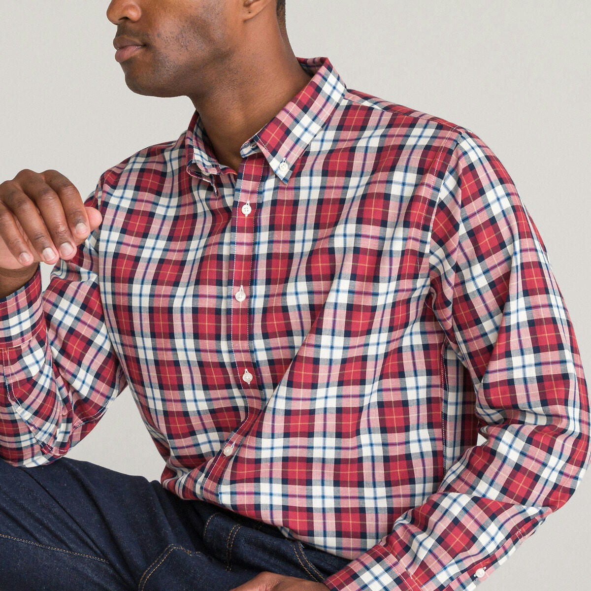 Chemise droite à carreaux, Col américain