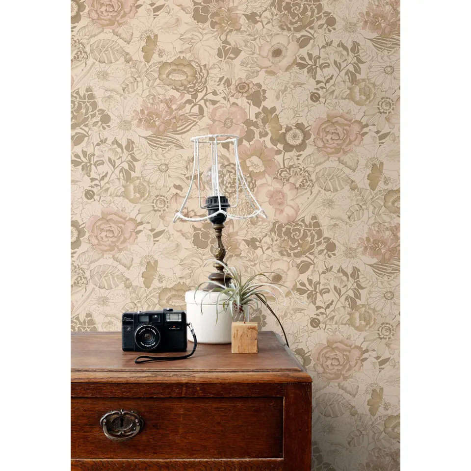 ESTAhome behang vintage bloemen lichtbruin en oudroze - 50 x 900 cm
