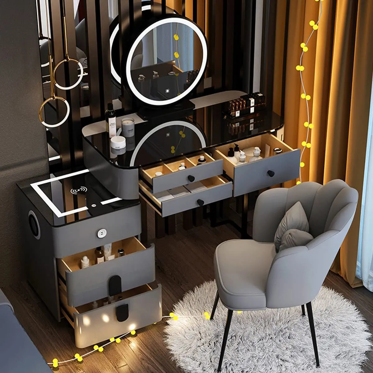 Makeup Vanity Desk Set. With 3 Color LED Lights Mirror. With Cushioned Stool. for Family Bedroom. for Her (120CM/47.2IN)