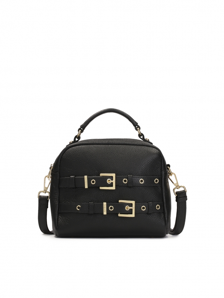 Handbag with handle and strap decorated with buckles