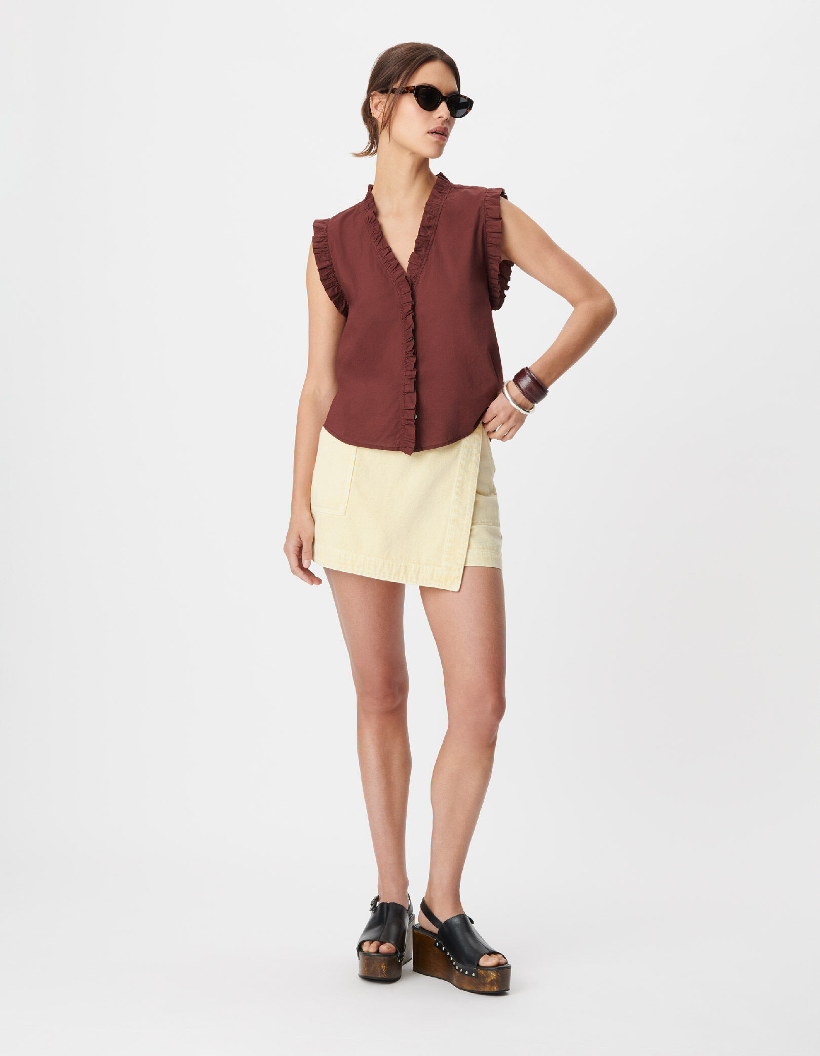 Top sans manches marron à plis ruchés Femme