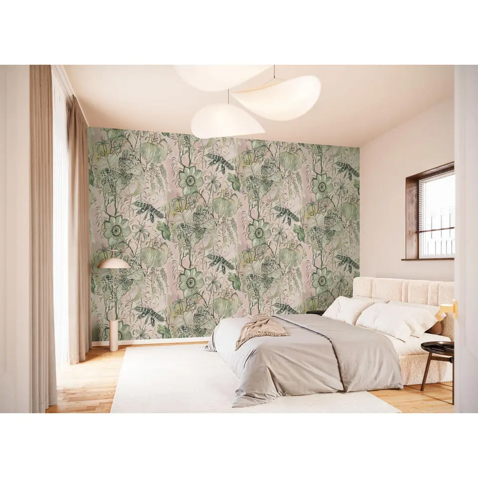 Komar fotobehang bloemen & vlinders roze en groen - 250 x 200 cm