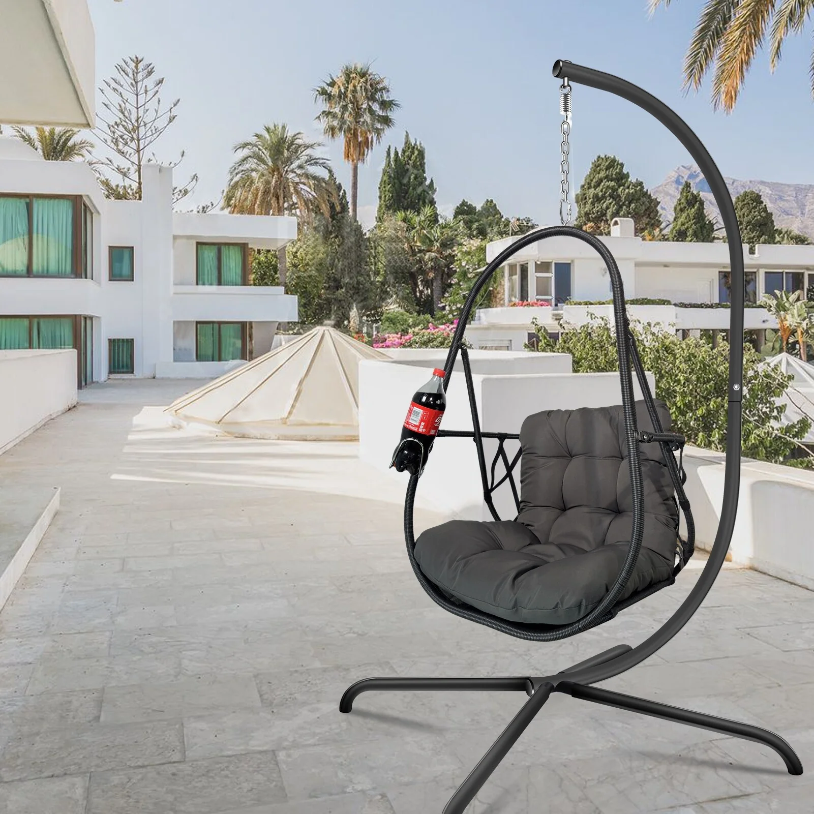 Swing Egg Chair Outdoor Wicker Rattan Foldable Basket Hanging Chair with C Type Bracket & Removable Guardrail