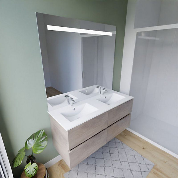 Meuble double vasque 120 cm ROSALY INOX   miroir Elégance ht105- Bois- Plan vasque en Céramique