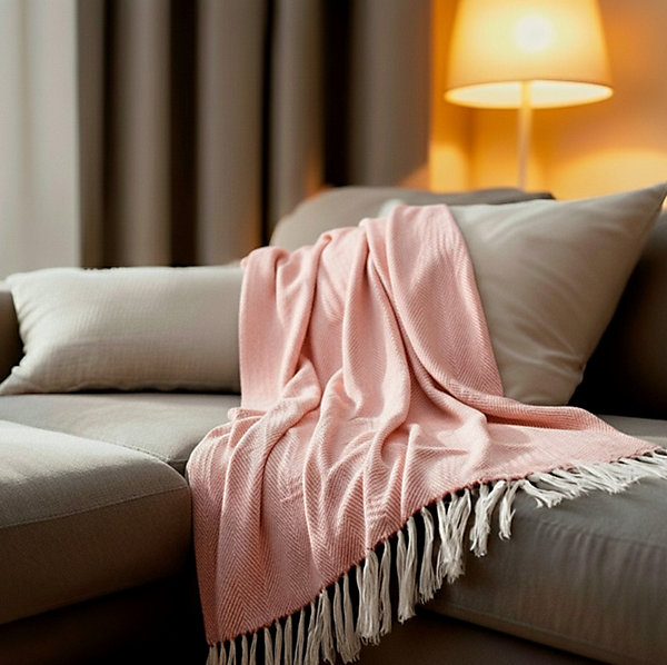 Couverture plaid 100% coton rose saumon avec franges 180x220cm ZIGORA - SACASA