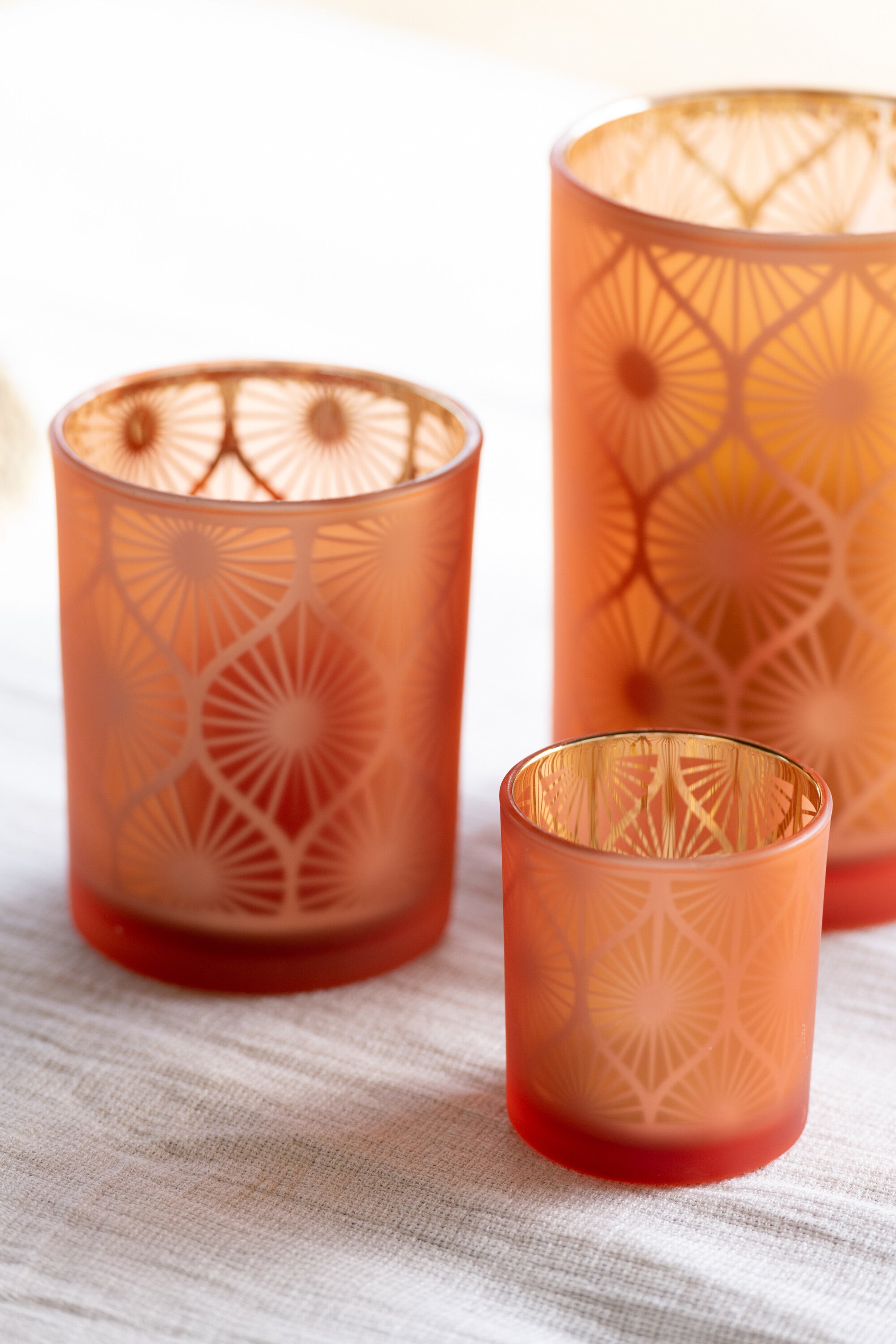 J-Line kaarshouder Ruit Bloemen - glas - oranje - small - 3 stuks